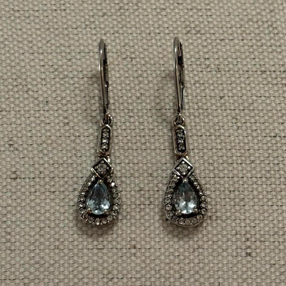 Vintage 925 Sterling Silver Fancy Dangly Earrings w Blue Teardrop Gem & CZ Halo